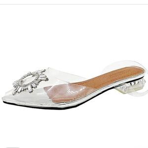 Vinyl Clear Rhinestone Pointed Toe Flat Wedding Slingback Sandals Shoes Size 8